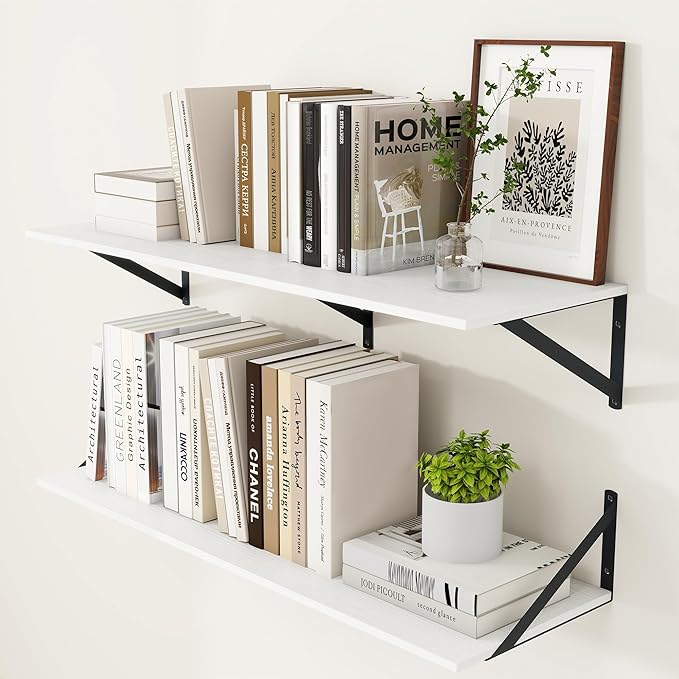 Heimlove White Deep Floating Shelves for Wall, 36W x 12D Wood Wall Shelves Set of 2, Wide Floating Bookshelf for Living Room, Kitchen, Office, Bedroom and Decor Storage, with Black Bracket - White