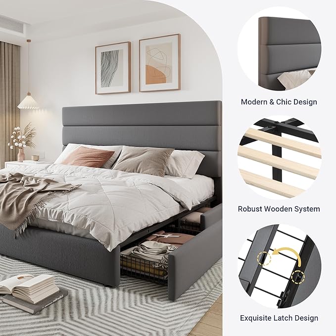 Allewie Modern King Size Platform Bed Frame with 4 Storage Drawers and Velvet Upholstered Headboard, Wooden Slats Support, Upholstered Mattress Foundation/No Box Spring Needed/Easy Assembly, Grey