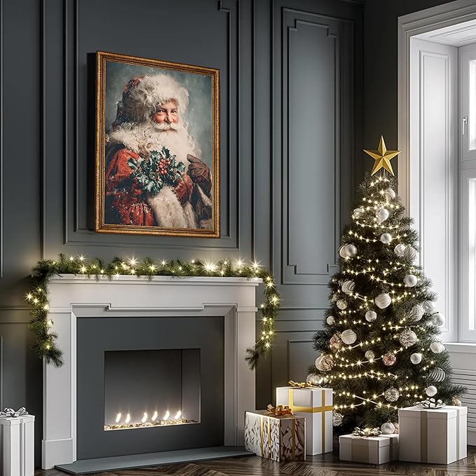 TracyArt Vintage Christmas Decor, Santa Claus with Sprig of Holly Artwork - Christmas Decorations, Unframed 13" x 17"