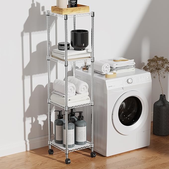 IZEUK 4 Tier Steel Storage Shelves, Adjustable Wire Shelving Unit for Kitchen, Bathroom, or Office Organization, Heavy Duty Metal Rack, 11.8" D x 11.8" W x 48.1" H, Chrome