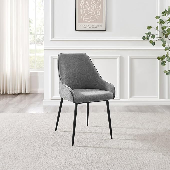 Furniturebox UK Dining Chairs - 2X Beaumont Grey Fabric Black Leg Chairs - Pair of Dining Chairs - Upholstered Polyester Chair - Modern Dining Room Furniture - Contrasting Black Piping