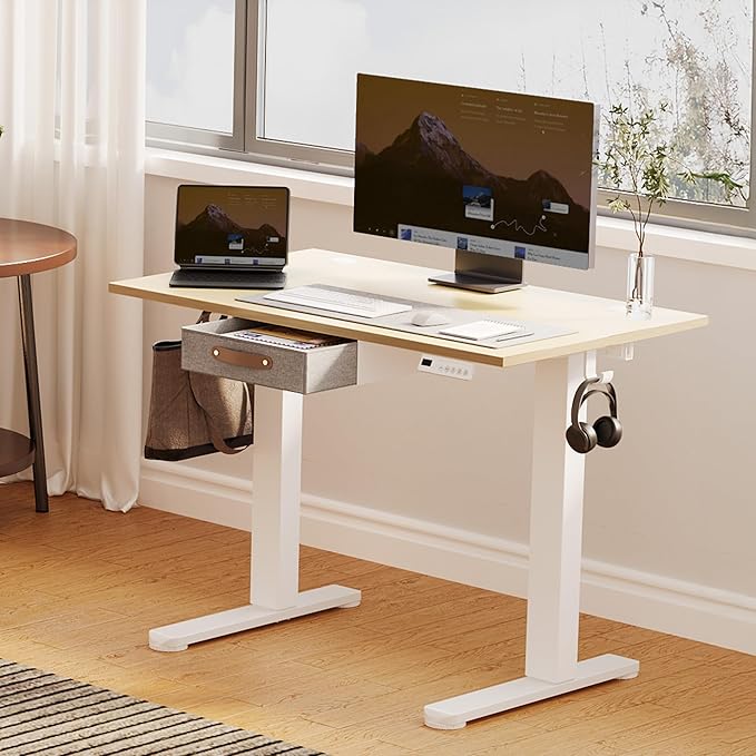 Seang Standing Desk with Drawer, 40" x 24" Height Adjustable Stand Up Desk, 3 Memory Height Settings with Cable Grommets & Storage Hooks, Ideal for Home & Office, Nature