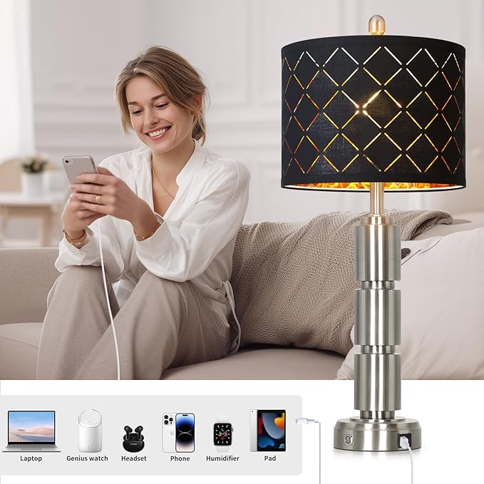 Set of 2 Modern Table Lamps for Living Room Bedroom,29" Tall Bedside Lamp with 2 USB Port,Silver Metal Touch Nightstand Lamp for Desk End Side Table Entryway,Silver