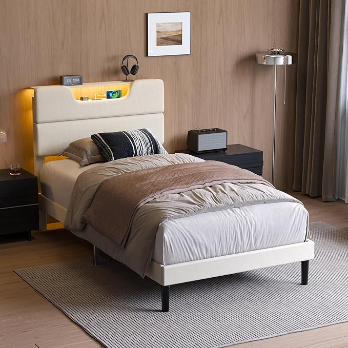 Twin Bed Frames for Kids, Twin Size Bed Frames with Upholstered Headboard, Modern Platform Bed with Charging Station and Led Lights, Sturdy Wooden Slats