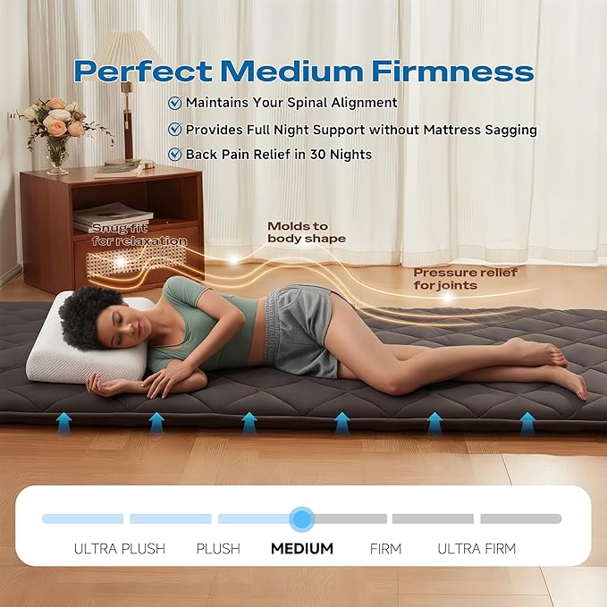 Aircliff Japanese Floor Futon Mattress, Roll Up Tatami Mat, Sleeping Pad, Shikibuton, CertiPUR-US Certified Foam Floor Mattress for Bed Sleeping, Dormitory, Guest Bed, Designed in Japan(Grey, Full)