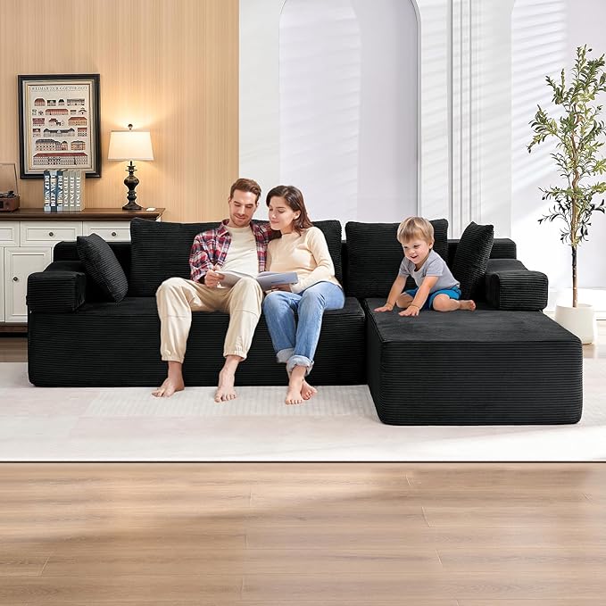 105" L-Shaped Modular Sectional Sofa with L-Shaped Boneless Couch, Cloud Couches for Living Room with Removable Arms, Convert Left/Right Facing, Plush Corduroy, No Assembly, Black