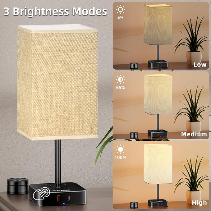Bedside Lamp with Remote Control & Dimmable Light, 2 AC Outlets + USB-C/USB-A Charging Ports, Beige Shade Nightstand Table Desk Lamp for Bedroom, Living Room, Home Office Decor | College Essentials