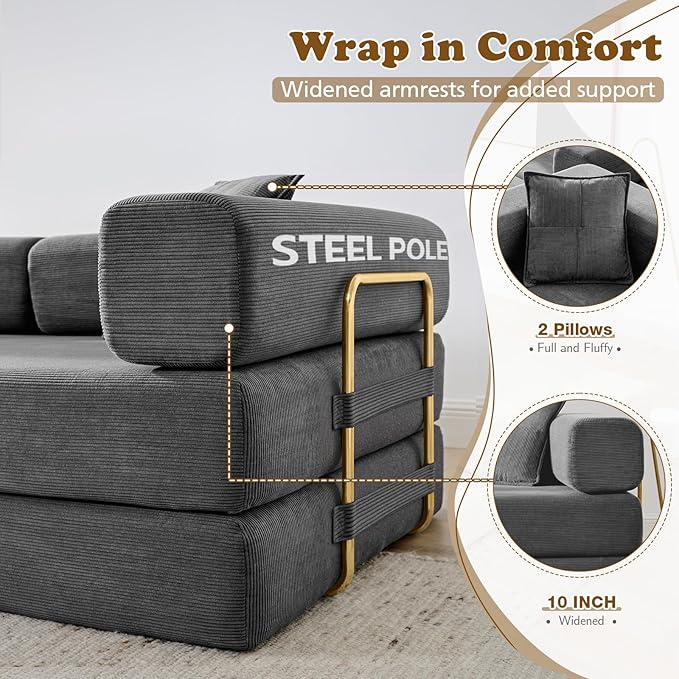 Antetek Convertible Futon Sofa Bed, 3-Seater Modern Corduroy Foam Floor King Size Bed Fold Out Sleeper Lounge Loveseat Sofa Couch with 2 Throw Pillows for Living Room Bedroom Guest Room, Dark Grey