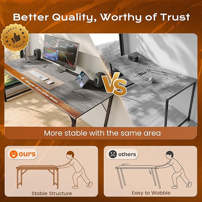 PRAISUN 54 X 24 Inch Computer Desk with Deeper Desktop, Gaming Office Writing Work Desk for Home Office, Study, Bedroom, Work from Home, Metal Frame, Grey