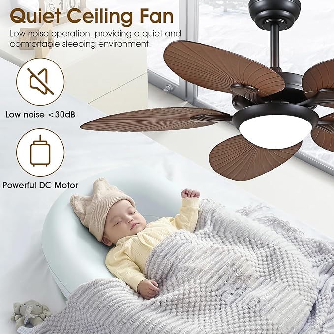 Tropical Ceiling Fans with Lights and Remote/APP Control, 44 Inch Palm Leaf Ceiling Fan with LED Lights, Outdoor Ceiling Fans for Patios Porch, Reversible Quiet Motor, Dimmable, Light Brown
