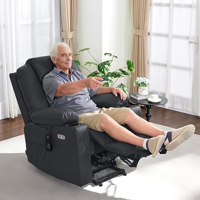 MCombo Power Lift Recliner Chair for Elderly, Lift Chair with Heat and Massage, FSC Certified, USB Ports, Cup Holders, Faux Leather 7040 (Black, Medium)
