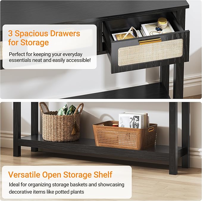 ELYKEN 51.2" Black Console Tables for Entryway, Rattan Entryway Table with 3 Drawer & Shelf, Narrow Long Sofa Table for Behind Couch Hallway, Entrance Entry Living Room