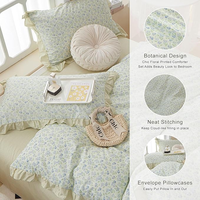 EAVD French Style Garden Floral Ruffled Comforter Set Full White Fluffy Soft Microfiber Chic Blue Floral Bedding Set with 2 Pillowcases Fresh Botanical Comforter Set for All-Season