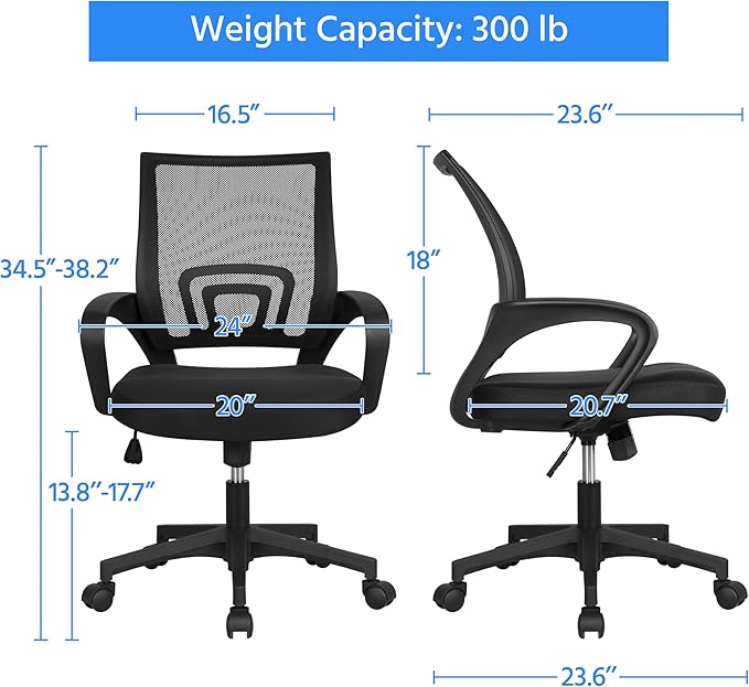 Yaheetech Mid-Back Mesh Office Chair Adjustable Ergonomic Computer Task Chair Swivel Rolling with Lumbar Support Armrest for Home Office Work Study, Black