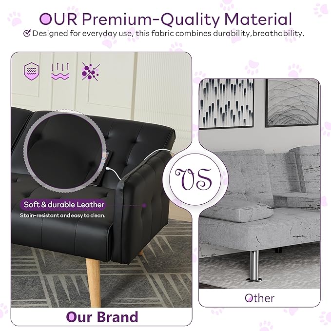 TYBOATLE Faux Leather Convertible 65'' Folding Futon Sofa Bed w/ 2 USB, Loveseat for Small Space, Apartment, Dorm, Living Room, Office, Black