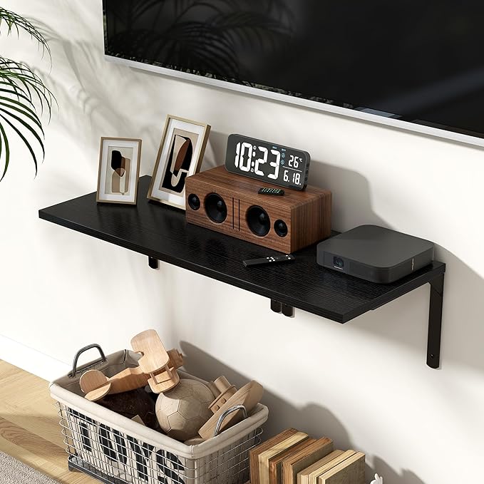 Fun Memories Floating Shelves for Wall, 12 Inch Deep Floating Shelves Set of 2, Wall Mounted Shelf with Metal Brackets, Rustic Wood Wide Shelf for Bathroom, Kitchen and Living Room, Black, 16W x 12D