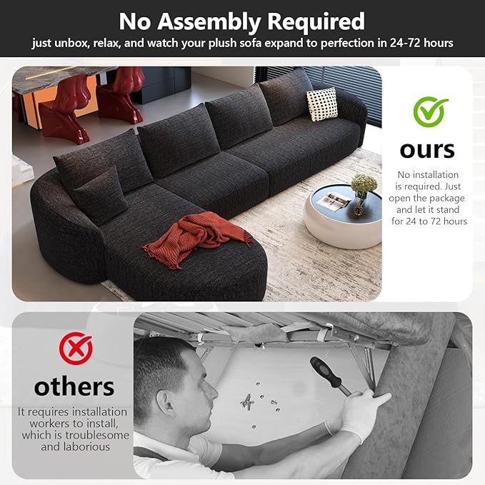 138.6" Modular Sectional Couches Luxury Modern Curved Back Sofa,Minimalist Comfy L-Shape Boneless Cloud Couch for Living Room Apartment,(Left Facing Chaise,Black)