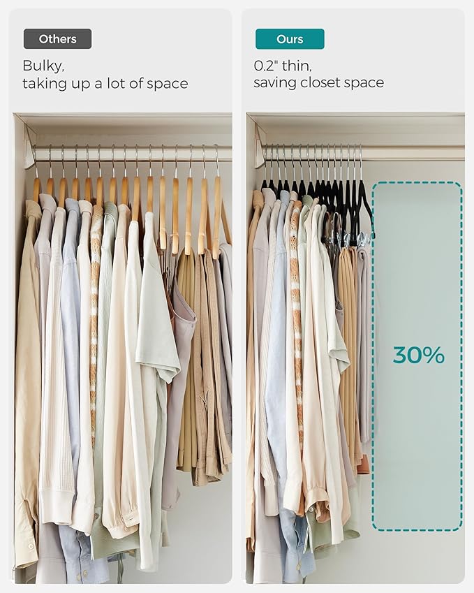 SONGMICS 50-Pack Pants Hangers, 16.7-Inch Long Velvet Hangers with Adjustable Clips, Heavy-Duty, Non-Slip Skirt Hangers, Space-Saving for Pants, Skirts, Coats, Dresses, Black UCRF012B50