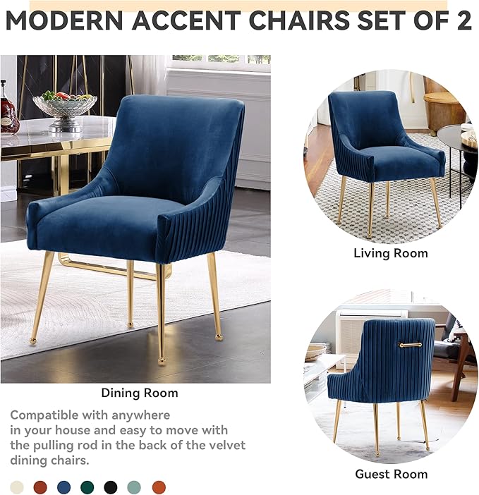 Dining Chairs, Accent Chairs Set of 2, Modern Upholstered Kitchen Dining Chairs with Gold Legs, Fabric Tufted Velvet Living Room Chairs for Reception Room Bedroom Kitchen(Navy Blue)