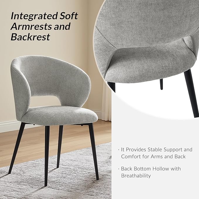 Contemporary Dining Chairs with Armrests – Ergonomic Soft-Padded Seat, Curved Backrest, Matte Black Metal Legs, Comfortable Kitchen & Dining Room Chairs, Set of 6