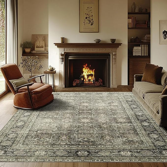 Washable Rugs 8x10 Area Rugs for Living Room- Vintage Rugs for Bedroom,Dining Room,Large Soft Low Pile Retro Carpet with Non Slip Rubber Backing,Neutral Accent Nursery Rug for Home Office Decor