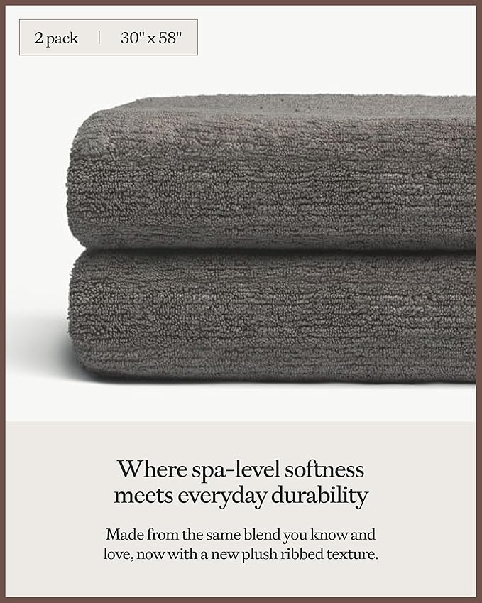 Cozy Earth Ribbed Bath Towel Set - 60% Cotton 40% Viscose from Bamboo Bathroom Towels - Soft & Absorbent Textured Ribbed Pattern - 2 Pack Charcoal