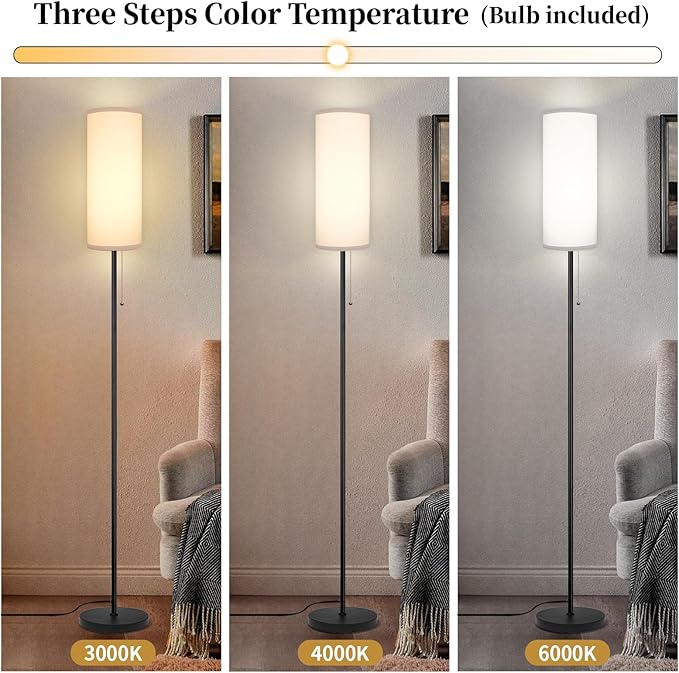 Floor Lamp for Living Room, Modern Standing Lamps with Lampshade, Minimalist Tall Lamp with Chain Switch for Living Room, Bedroom, Kids Room, Office,Standing Lamp LED Bulb Included (White Shade)