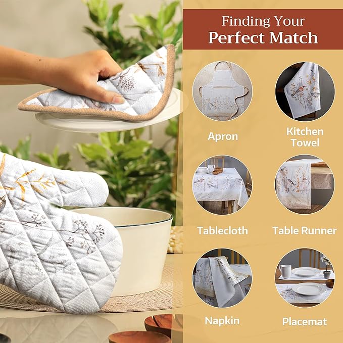 Maison d' Hermine Oven Gloves 100% Cotton Oven Mitt 7" x 13" with Loop Heat Resistant, BBQ, Cooking Gloves, Grilling, Kitchen, Handling Hot Pans Spring/Summer (Pack of 1, Meadow Florals - Beige)