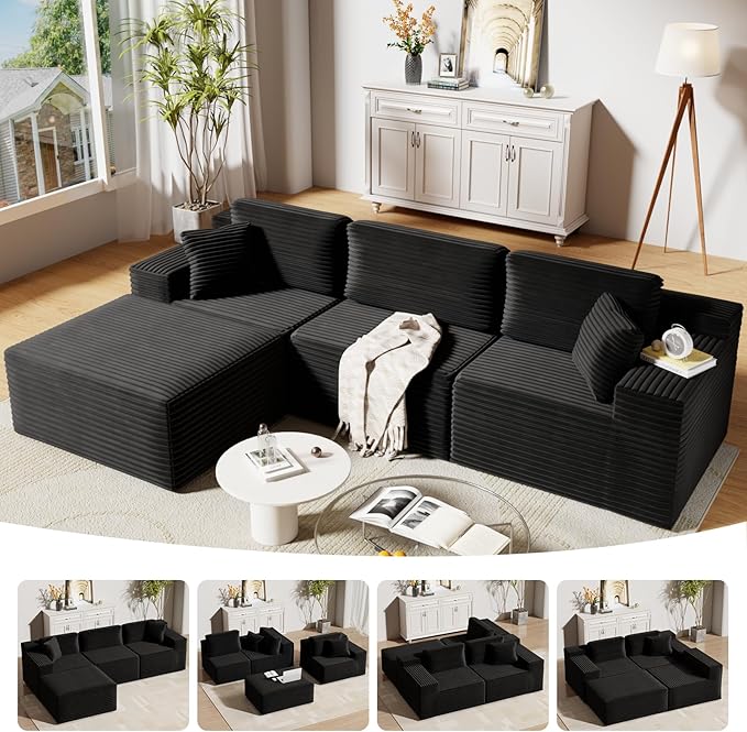 Bashaw 108" Cloud Sectional Couch Sofa with L-Shape Chaise, Modern Modular Sofa Couch Upholstered Couches for Living Room Bedroom, No Assembly Required (Black, L Shape)