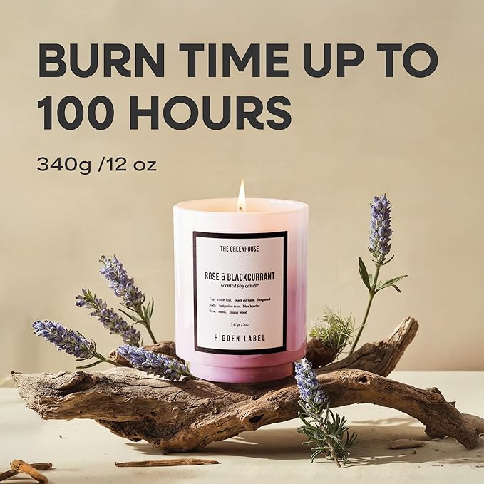 Hidden Label Rose Blackcurrant Soy Candles, 12oz Natural Soy Wax, 75 Hours Long Lasting Clean Burn, Soy Candles for Women, Aromatherapy Candle for Stress Relief, Meditation, Yoga & Relaxation