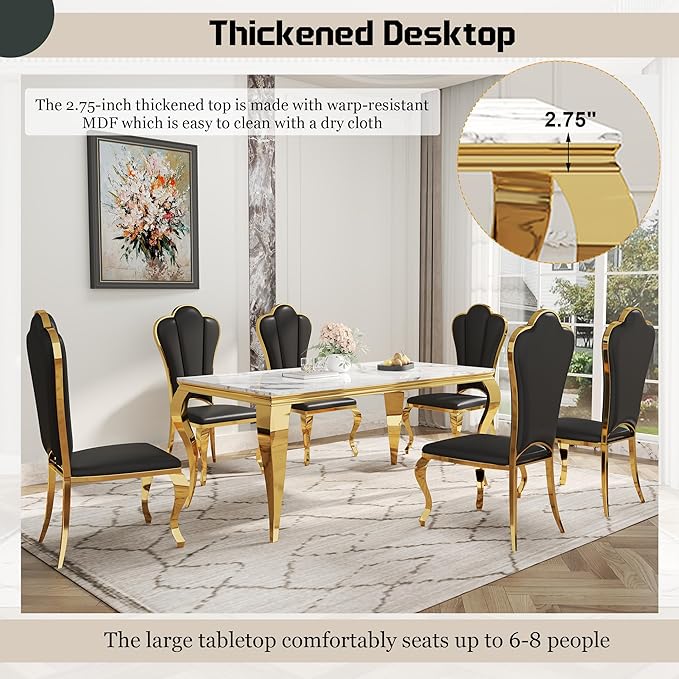 Dining Table Set for 6, 7-Piece Kitchen Table Chairs Set, Modern Dining Room Set with 70'' Marble Dinner Table and 6 Petaloid Backrest Upholstered Chairs for Kitchen, Black & Gold