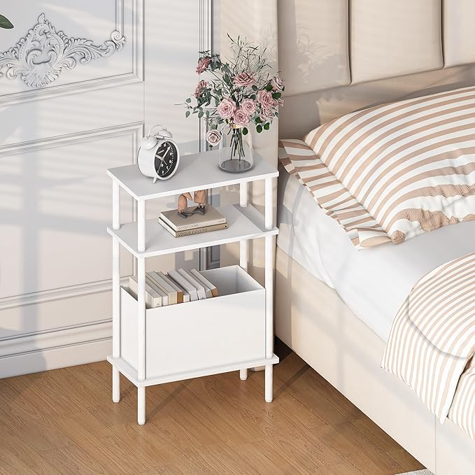 Narrow Side Table with Fabric Basket, Set of 2 End Table for Small Spaces, Slim Nightstand with 3-Tier Storage Shelf, Sofa Beside Table, for Living Room, Bed Room, Natrual White