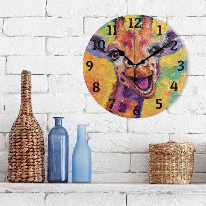 Wall Clock Colourful Giraffe Oil Painting Silent Non Ticking Wall Clock Decorative Battery Operated Wall Clocks for Home Kitchen Bedroom Living Room Office