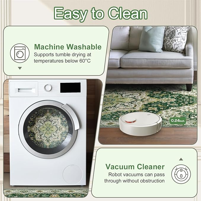 Area Rugs for Living Room 9x12 - Large Machine Washable Vintage Oriental Soft Rug, Low Pile Thin Carpet with Non Slip Backing for Bedroom, Dorm, Under Dining Room Table, Indoor House, Office Decor