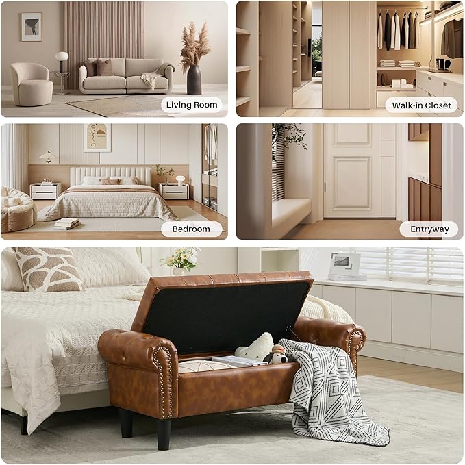 Queen End of Bed Bench with Storage, Faux Leather Tufted Button Upholstered Ottoman, Window Bench for Living Room, Entryway - Brown