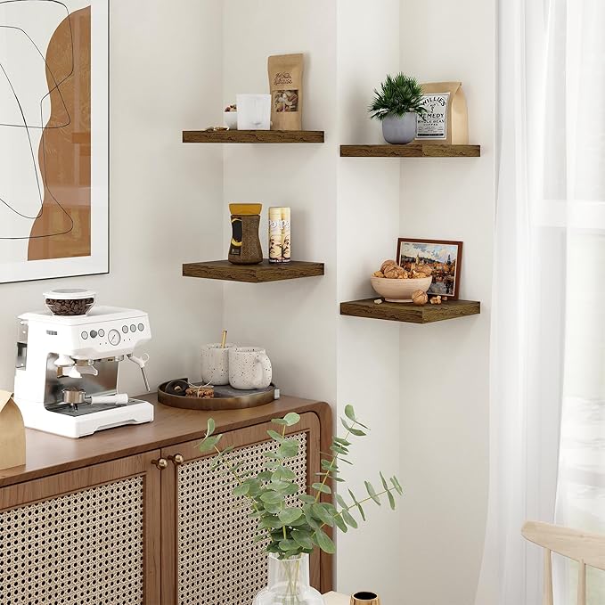 Fun Memories Floating Shelves for Wall - 9.3 Inch Square Shelves with Invisible Brackets, Small Wall Shelf for Living Room, Bathroom, Bedroom, and Kitchen Decor，Brown Set of 3