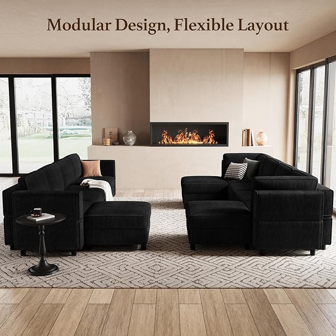 Modular Sectional Sofa 6 Seat Corduroy Sectional Sofa with Storage Ottoman, Comfy Modular Couch Sleeper Sofa Bed, Sectional Couches for Living Room, Black