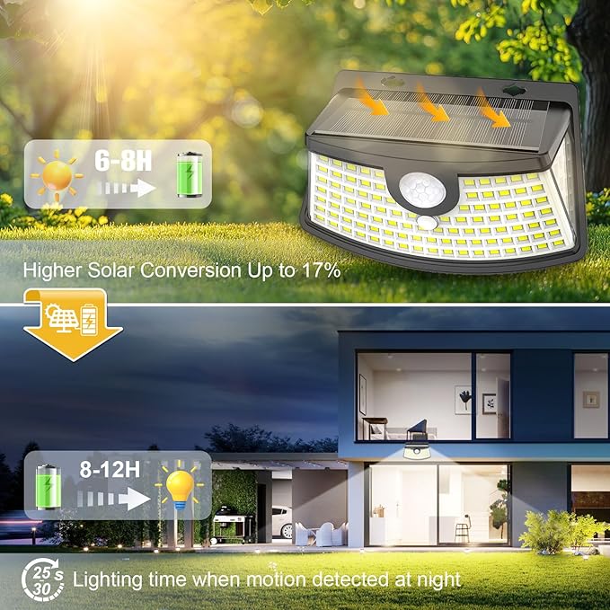 Aootek New Solar Motion Sensor Lights 120 LEDs with Lights Reflector,270° Wide Angle, IP65 Waterproof, Step Lights for Front Door, Yard, Garage, Deck (Black, Daylight White, 8-Pack)