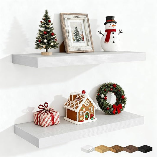 Fun Memories 24 Inch Floating Shelves for Wall, 9 Inch Deep White Rustic Wood Wall Mounted Shelves for Bathroom, Kitchen, Living Room, Set of 2