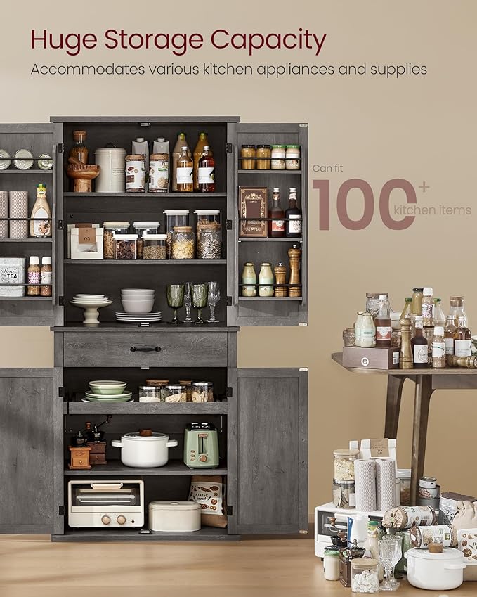 VASAGLE LIRY Collection - Pantry Cabinet, 70.3-Inch Tall Farmhouse Kitchen Storage Cabinet with Barn Doors, Drawer, Tray, Adjustable Shelves, for Kitchen, Dining Room, Misty Gray UBBK364G01