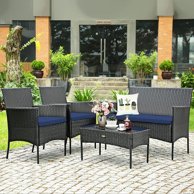 Tangkula 8 Pieces Patio Furniture Set, Outdoor Wicker Conversation Set with Tempered Glass Tabletop, Rattan Sofa and Chairs Set with Off White & Navy Cushion Covers