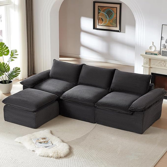 111" Cloud Sectional Couch with L-Shaped Chaise, Corduroy Sectional Sofa with Ottoman, Boneless Couch with Deep Seat in a Box for Living Room, No Assembly Required (Dark Grey)