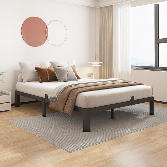 ROIL 10 Inch Queen Bed Frame with Rounded Corner Low Profile Metal Platform 3500LBS Heavy Duty Steel Slats No Box Spring Needed Noise-Free Easy Assembly