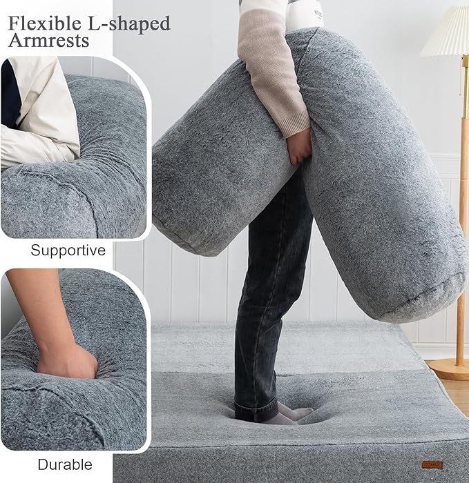 COMAX 4-in-1 Futon Sofa Bed, Queen Size Foldable Couch with L-Shaped Armrests, Convertible Sleeper Chair Bed, Comfortable Lounge Mattress for Living Room and Bedroom, Snow Grey