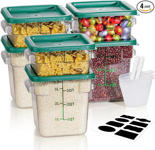 2&4QT NSF Food Storage Containers with Lids: 6 PCS [Total Food Grade][Hot&Cold Resistant] Commercial Clear Food Storage Containers for Restaurant Kitchen Proof Dough, Measuring Spoons Included(Green)
