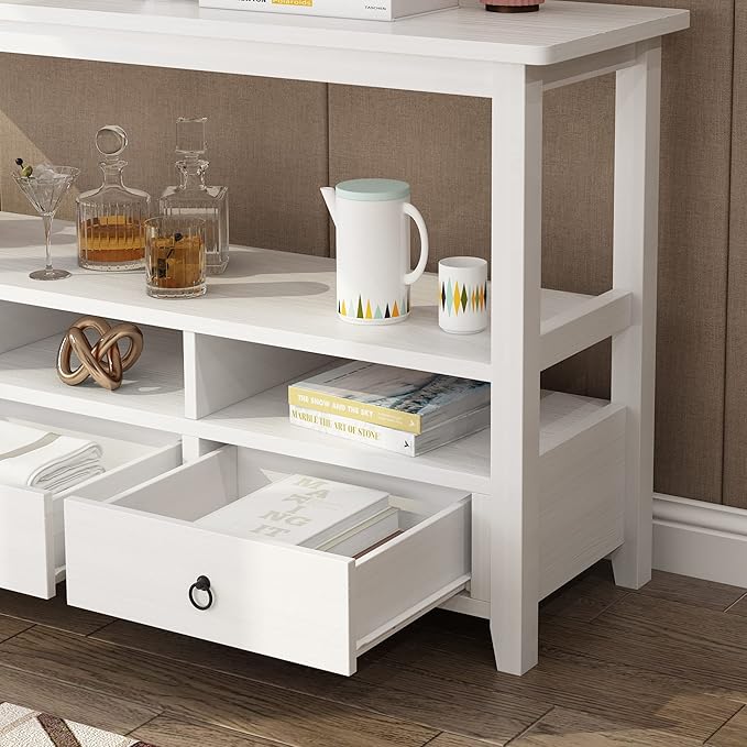 Karl home Console Table with 3 Bottom Drawers, 57.9" W Sofa Side Table Entryway Desk with 3 Storage Cubbies 1 Open Shelf, Vintage TV Stand for Hallway Living Room Office, White 29.9" H