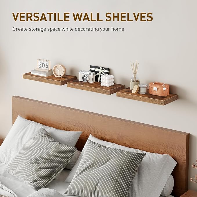 Floating Shelves for Wall, 1.5" Thick Wall Shelf Set of 3 with Invisible Brackets, 15.7L x 7.9W Hanging Shelves Farmhouse Home Decor for Bathroom, Living Room, Bedroom, Rustic Brown 4301BJP3BF