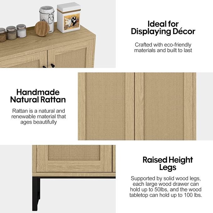 Panana Rattan Decorated 2 Doors Storage Cabinet Accent Cabinet Living Room Cupboard Kitchen Sideboard Buffet Table (Natural)