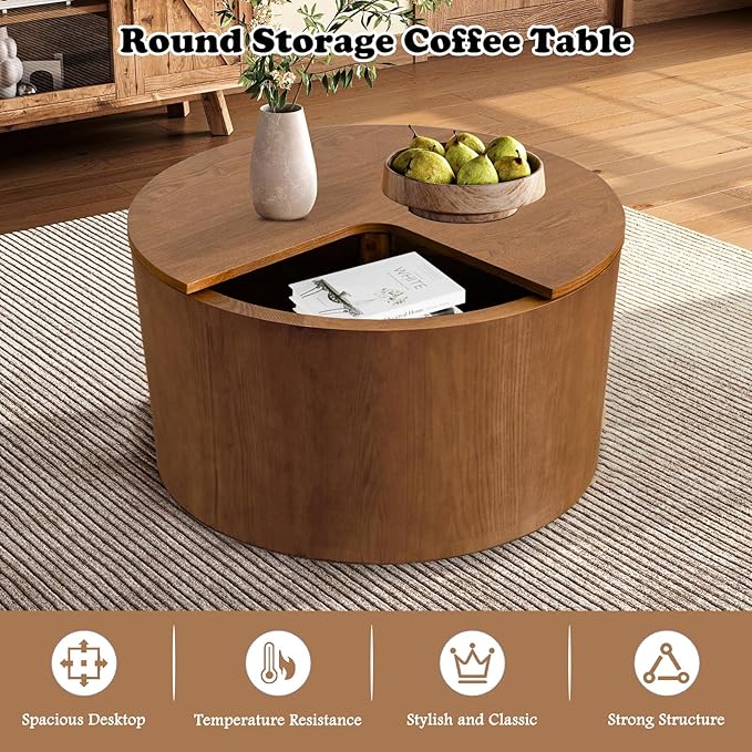 27.16" Round Coffee Table with Storage Modern Wooden Coffee Table Circle Accent Center Table for Living Room Small Space Apartment Office (Circle Brown)