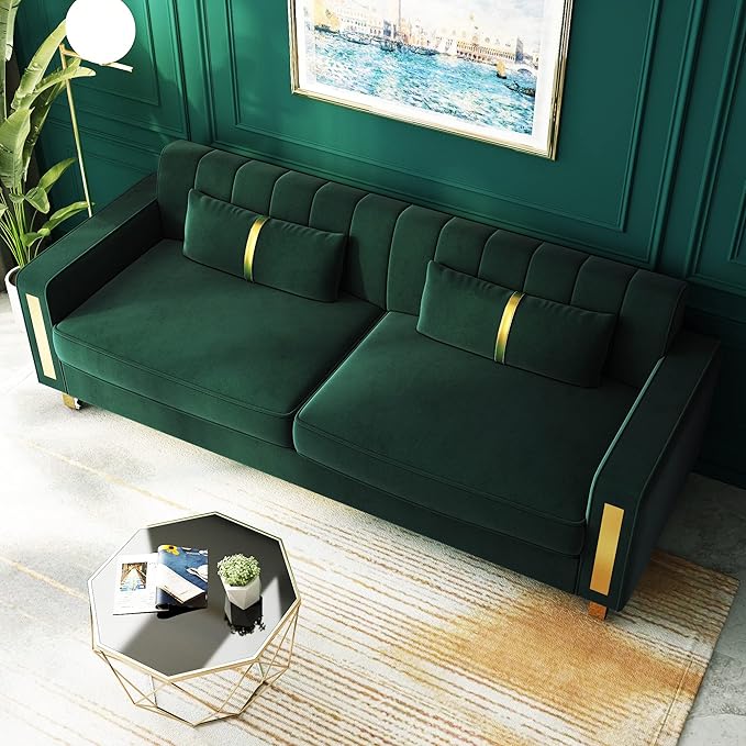 Couch 85.62" 3 Seats Sectional Velvet Fabric Sofa Easy Assemble Sofa Bed with 2 Couch Pillows,Gold Metal Legs for Living Room (P17, Green)